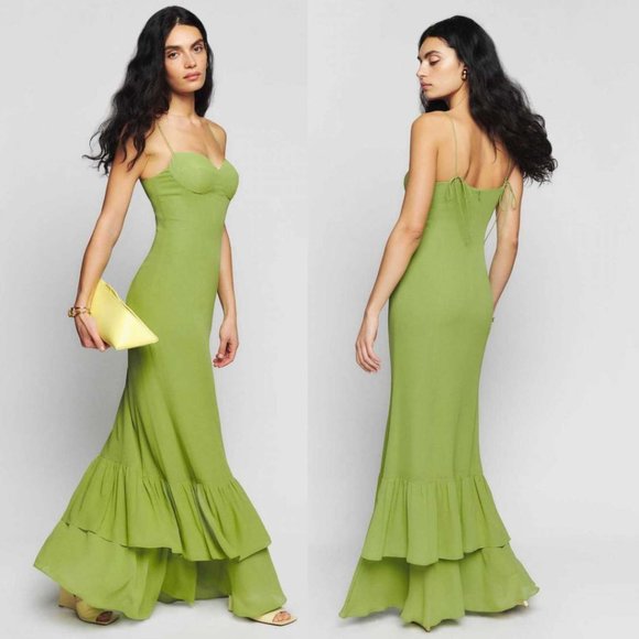 Reformation Dresses & Skirts - ❌SOLD❌NWT Reformation Fallon Mermaid Tiered Maxi Dress Sz 2 Avocado Ruffle Tie